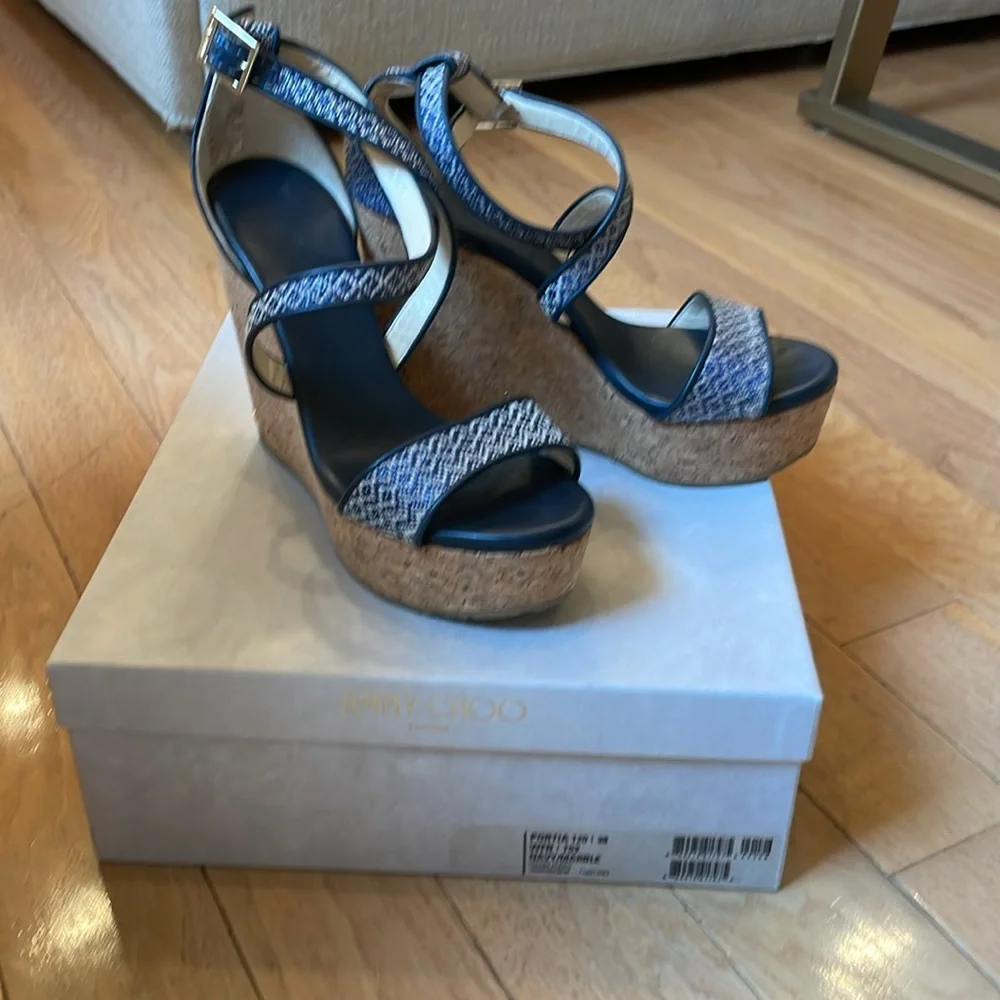 Jimmy Choo Portia Wedge Sandals Navy Cork Two-Tone Leather Size 38 EU Chic Style